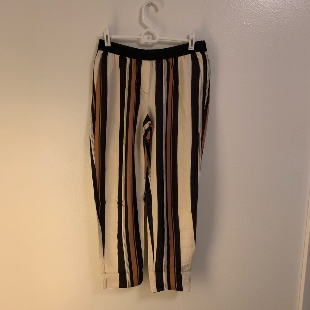 Ann Taylor navy, cream, tobacco striped pant